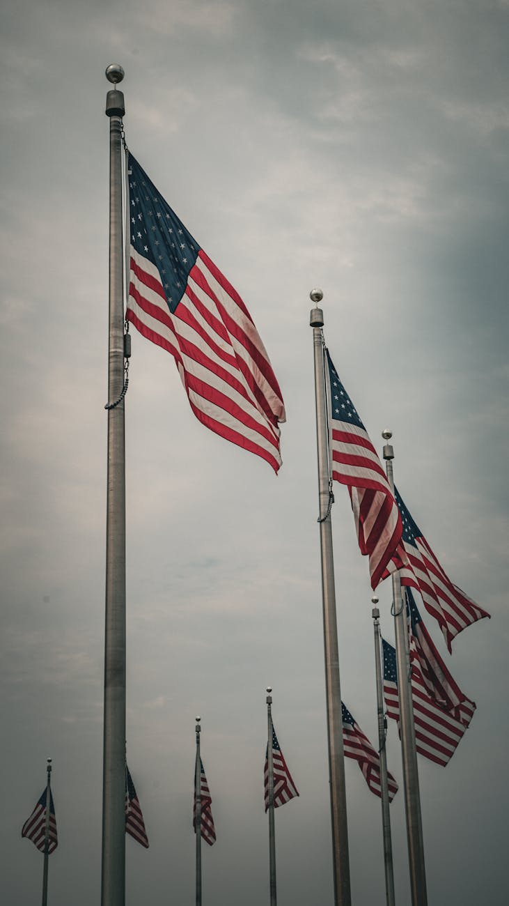 united states flags waving in the wind
