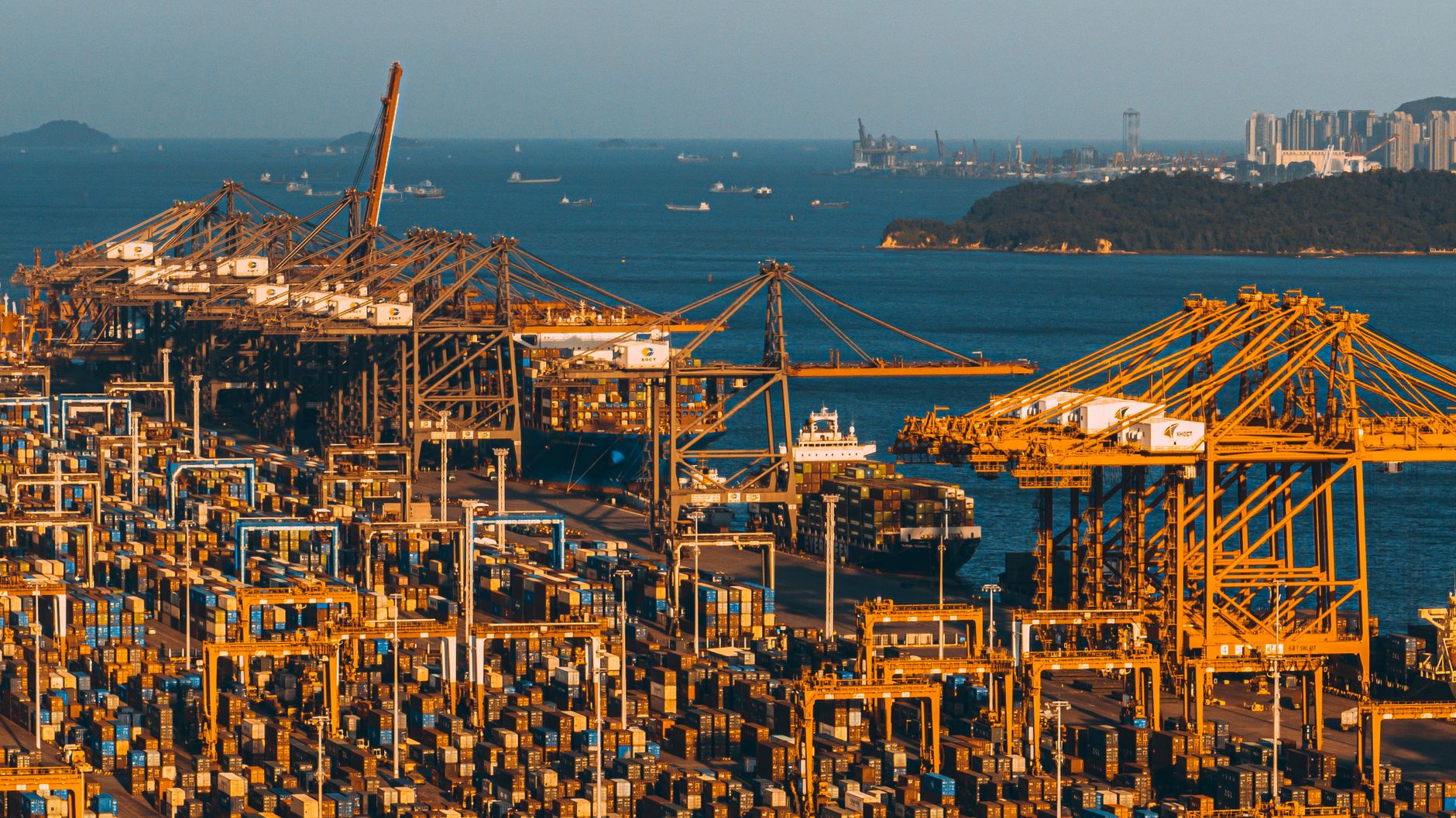 yellow cargo cranes and containers at an ocean port